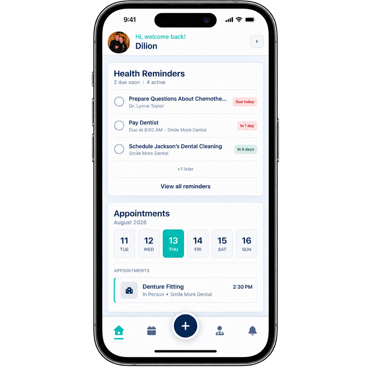 MyDocDay dashboard showing health reminders and upcoming appointments